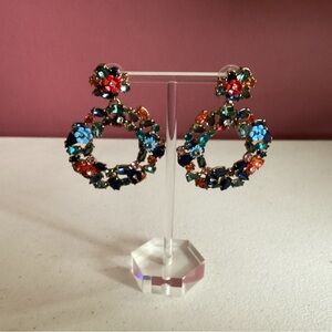 Vintage Multicolor Rhinestone Floral Hoop Drop Earrings – Gold Tone, Statement